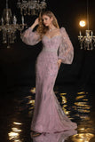 MQTIME   -  Glitter Pink Mermaid Evening Dresses Sequins Long Sleeves Prom Gowns Luxury Floor Length Celebrity Homecoming Party Dresses