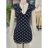 MQTIME  -  Luxury Women Casual Dot Print Short Dress Lace Slim V Neck Flying Sleeve A-line Mini Dress for Daily Party Club