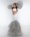 MQTIME  -  Hot Sale White Mermaid Maternity Dress Photoshoot 3 Pieces Pregnancy Outfit Set Dress Puffy Sleeve Baby Shower Photo shoot Props