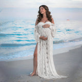  MQTIME  -  Maternity Dress Soft Stretchy Lace Off Shoulder Doubly Split A line Skirt Pregnancy Maxi Gown for Photoshoot