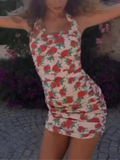 MQTIME  -  Women Fashion Printed Halter Dress Sexy Sleeveless Backless Pleated Bodycon Mini Dresses Summer Lady Beach Vacation Gown