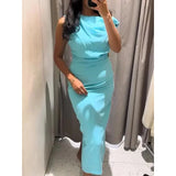 MQTIME  -  Women's Solid Color Sleeveless Asymmetrical Maxi Dress Slim Fit Sexy Pleated Chic Summer Fashion Holiday Style with Slit