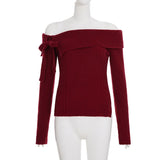 MQTIME  -  French Fashion Women Turn Down Slash Neck Long Sleeve Pullover Harajuku Y2k Korean Sweet Knitted Sweater High Street Jumper