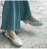  MQTIME  -  Vintage Rivet Bowknot Women Ballet Pumps Comfortable Soft Leather 3cm Thick Heeled Lazy Loafers Spring Summer Casual Girls Shoes