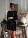 Mqtime Fashion Backless Black Sequin Mini Dress Women Elegant O-neck Long Sleeve Short Dresses Female Solid Shiny Party Evening Robe