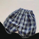 MQTIME  -  Children's Retro Blue Plaid Trousers Spring Autumn New Korean Boys And Girls Double-Layer Cotton Casual Harem Pants WTP121