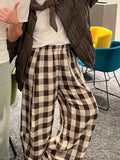 MQTIME  -  Women Casual Cotton Loose Plaid Trousers Fashion Thin Linen Wide Leg Straight High Waist Pants Daily Commute Street Pant