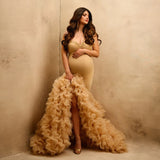 MQTIME  -  Beautiful Gold Ruffles Tulle Long Split Maternity Dress To Photoshoots High Stretchy Lace Up Back Women Maxi Dress