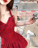MQTIME  -  Woman Dresses Floral Printed Sleeveless Halter Irregular Ruffles Bow Bandage Backless Sexy Mini Dress Sweet Elegant Party