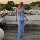 MQTIME  -  Sexy Spaghetti Strap Solid Color Sleeveless Mesh Patchwork Dress Women Slim See-Through Party Beach Holiday Long Dress