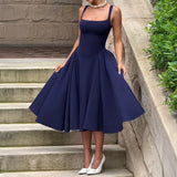 MQTIME  -  Summer New French Square Neck Women Elegant Strap Dress Simple Solid Color Female Banquet Grand Display Long Dresses