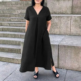 MQTIME  -  Women 2025 Patchwork Loose Office Dress Elegant Short Sleeve Pocket Long Dress Simple Solid Cotton Linen V-Neck Pullover Dress