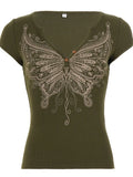  MQTIME  -  Streetwear Casual Butterfly Print V Neck Short Sleeve Slim Knitted All Match T-shirts