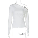 MQTIME  -  Slim Solid Pleated Slant Collar T-Shirts Ladies Street Casual Basic Pullover Tees Slanted Shoulders Long Sleeve Tops For Women