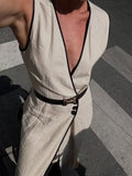 MQTIME  -  Elegant Cotton Sling Dresses Women Fashionable  V-neck Sleeveless High Waist Slim Fit Long Dress Female Summer Holiday Robe