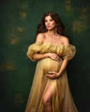 MQTIME  -  Shining Gold Tulle Maternity Gown for Photoshoot Off Shoulder Sweetheart Pregnancy Robes for Baby Shower Photography Gown