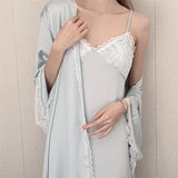 MQTIME  -  Female Twinset Robe Set Kimono Bathrobe Gown Sexy Backless Suspender Nightgown Lingerie with Bra Spring Summer Satin Home Dress