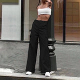  MQTIME  -  Autumn Women's Elastic Waist Low Waist Wide Leg Cargo Trousers Straight Khaki Long Casual Pants Female Fashion Streetwear Capris