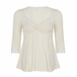  MQTIME  -  Summer Temperament Solid V Neck Half Sleeve Lace Patchwork Folds Casual Women's T-shirts