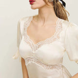 MQTIME  -  Women Summer Elegant Satin Silk Tops Lace Patchwork Adjustable Ribbon Tied Short Puff Sleeves Sweatheart Neck Blouse