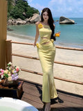 MQTIME  -  Women Yellow Sexy Club Backless Vacation Slip Dress 2024 Summer New Retro Flower Hollow Out Wrap Hip Fishtail Long Dresses Trend