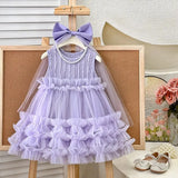 MQTIME  -  Girls' Mesh Dress New Princess Puffy Gown Kids Birthday Party Sleevless Tulle Vestidos Children Fashion Lace Clothing 2-10Y