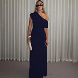 MQTIME  -  Women Navy Blue Asymmetrical One Shoulder Maxi Dress Elegant Chic  Formal Evening Gown Women's Wedding Party Long Dresses