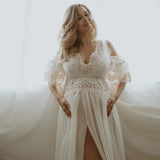  MQTIME  -  Maternity Photography Dresses Elegant V-neck Embroidered Cotton Lace&Chiffon Dress Photography Dress For Pregnant Women