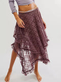 MQTIME  -  Women Lace Ruffle Courtship Half Slip Elastic Waist Asymmetrical Hemline Midi Skirts Semi Sheer Layered Maxi Skirts