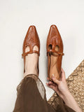 MQTIME  -  Vintage Brown Soft Leather Mules Women Square Toe Buckle T Strap Low Heel Slingback Slippers Female Casual Outdoor Slides Shoes