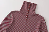 MQTIME  -  Vintage Women Striped Knitted Shirt Slim Buttons Pullovers Sweater Lady Top Spring Autumn Female Long Sleeve Knit T-Shirt