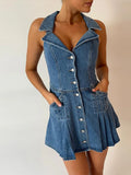 MQTIME  -  Lapel V-neck Sleeveless A-line Denim Dress for Women Pleat Ruff Hem Short Skirt High Street Single-breasted Elegant Casual Skirt