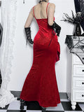 Mqtime New Retro Elegant Women Spaghetti Strap Sexy Prom Dress Strapless Bodycon Slim Red Dinner Party Long Dresses  Female Summer