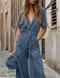 MQTIME  -  Women's Short Sleeve Blue Jumpsuit Summer Original Creation Button Down Wide Leg Long Pants Rompers with Pockets