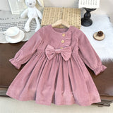 MQTIME  -  Girls' Corduroy Dress Autumn 2025 Fashion Princess Bow Gown Children Long-sleeve Casual Vestidos 2025 New Kids Sweet Clothing