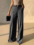 MQTIME  -  Women's Grey Business Casual Suit Pants 2025 New Fashion Elastic High Waist Wide Leg Loose Pleated Belt Trousers Bottoms