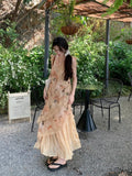 MQTIME  -  Women French Retro Style Sleeveless Lace Floral Printed  Dress Women's Summer Waist Slim Beautiful Long Dresses