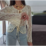 MQTIME  -  Sexy Lace Lace-Up Hollow Out Slim Tops Women Fashion V-Neck Full Sleeve Slim Female T-Shirt 2025 Summer Autumn Chic Lady Shirts