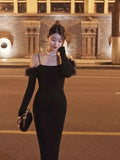 MQTIME  -  Black Camisole Dress with Plush Edge for Women, One Shoulder Knit Slit Long Skirt, Autumn and Winter Design