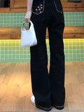 MQTIME - Flower Embroidery Vintage Streetwear Jeans Women Pockets Korean Fashion Denim Pants Female High Waist Sweet Casual Pants