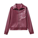 MQTIME  -  Fashion Zippers Short Leather Jackets Women Elegant Lapel Pocket Long Sleeve Coat Autumn New Lady Casual Urban Tops Outwear