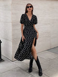 MQTIME  -  Spring Summer Holiday Floral Printed Flare Dress Vacation V-neck Short Sleeve Midi Dress For Women