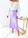MQTIME  -  Women Chic Satin Solid Midi Skirt Lady High Waist Zipper Slim Calf-length Loose Fishtail Skirts Daily Street Casual Wear