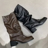 MQTIME  -  Women's Mid Calf Boots Fashion Stack Slouch Boots Punk Style Soft Leather Casual Shoes for Woman Designer Shoes Botas Mujer