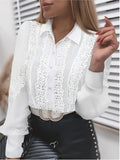 Mqtime Shirts Elegant Office Ladies White Collared Lace Patchwork Hollow Out Button Up Womens Tops And Blouses Fashion New Blouse