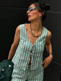 MQTIME  -  Striped Pants Suit Two-Piece Set 2024 Summer Lace Up Hollow V-neck Vest Drawstring Wide Leg Trousers Sets Fashion Lady Outfits