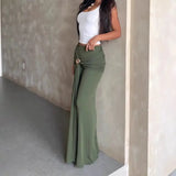 MQTIME  -  Army Green Soft Maxi Skirts Women Low Waist Ruched Waist Metal Circle Buckle Long Drape Sash Slim Wide Leg Floor Length Skirts