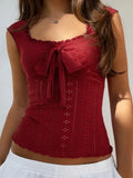  MQTIME  -  Y2k Solid Slim Bow Square Collar Sleeveless Sexy All Match Knitted Fashion Tanks