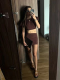 MQTIME  -  Women's Mini Dress Two Piece Set O-neck Short Puff Cropped Top High Waist Hip Package Pleated Female Sets Elegant Lady Outfits