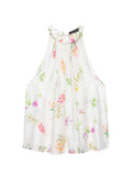  MQTIME  -  Women White Floral Print Halter Tank Top Casual Tie Back Asymmetrical Hem Sleeveless Loose Blouse Y2k Summer Daily Holiday Shirt